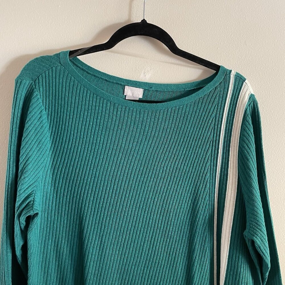 Chicos Sz 2 US L Bright Jade Coastal Asymmetrical Hem Striped Tunic Sweater - Picture 8 of 12